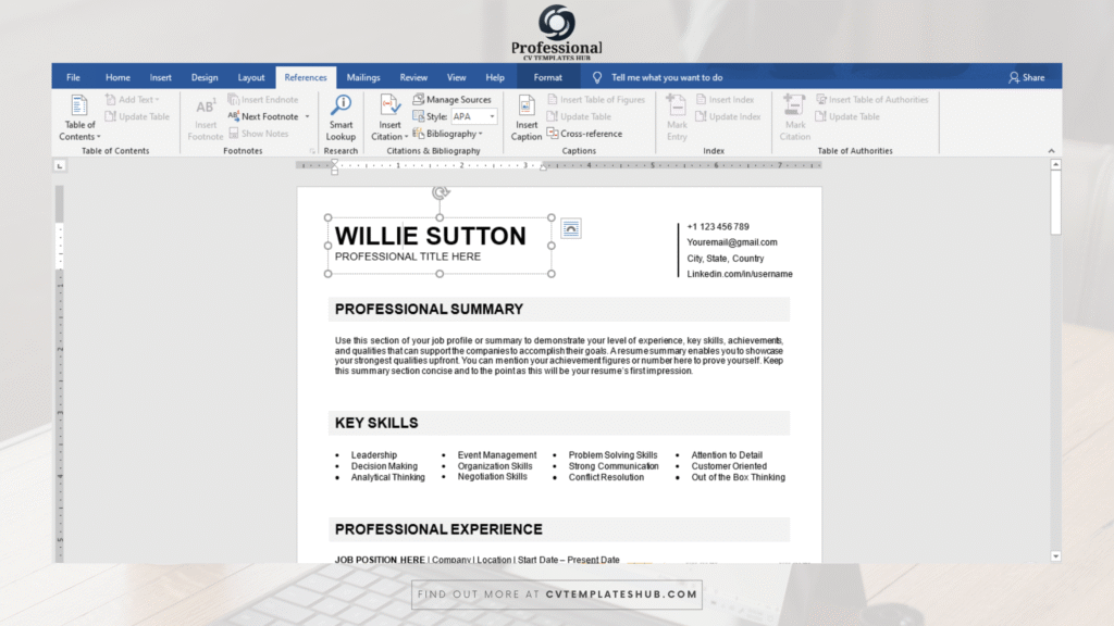 Sample Editable Resume Template in Microsoft Word with Customizable Sections